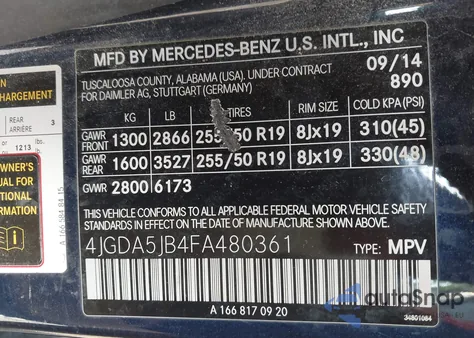 2015 Mercedes-Benz Ml 350 from USA, damaged, VIN 4JGDA5JB4FA480361
